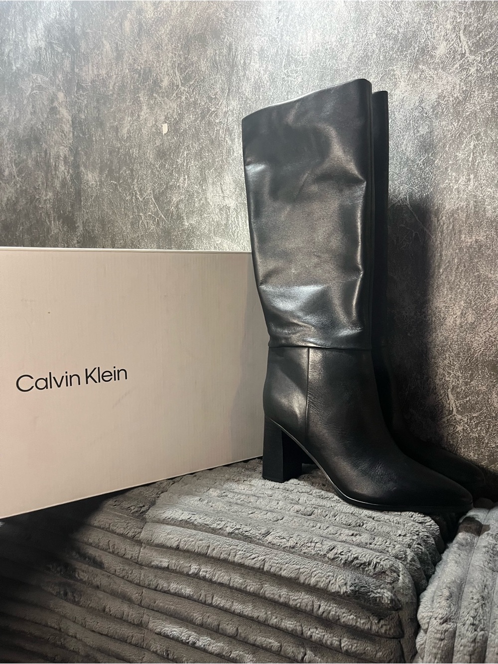 Calvin Klein Women's Black Knee-High Leather Block Heel Boots